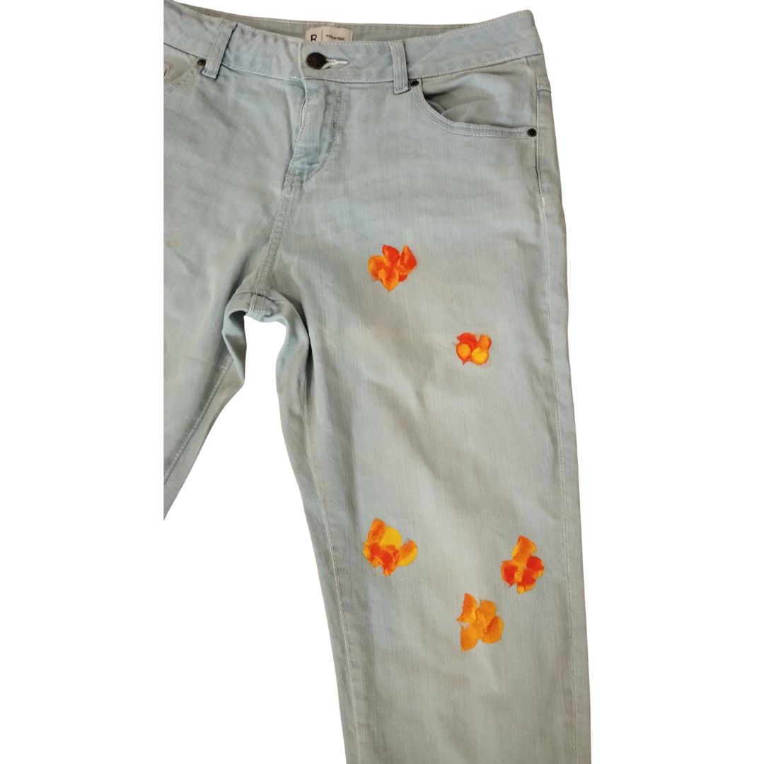 Jean pour femme - Bleu à fleur orange - Yolita creations