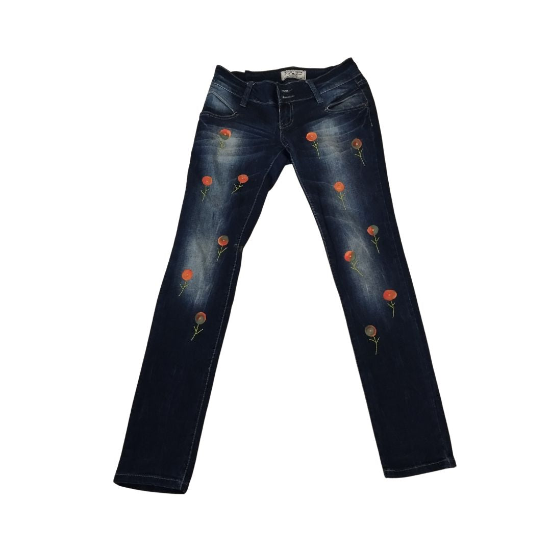 Jean pour femme - Bleu marine à fleurs oranges - Yolita creations
