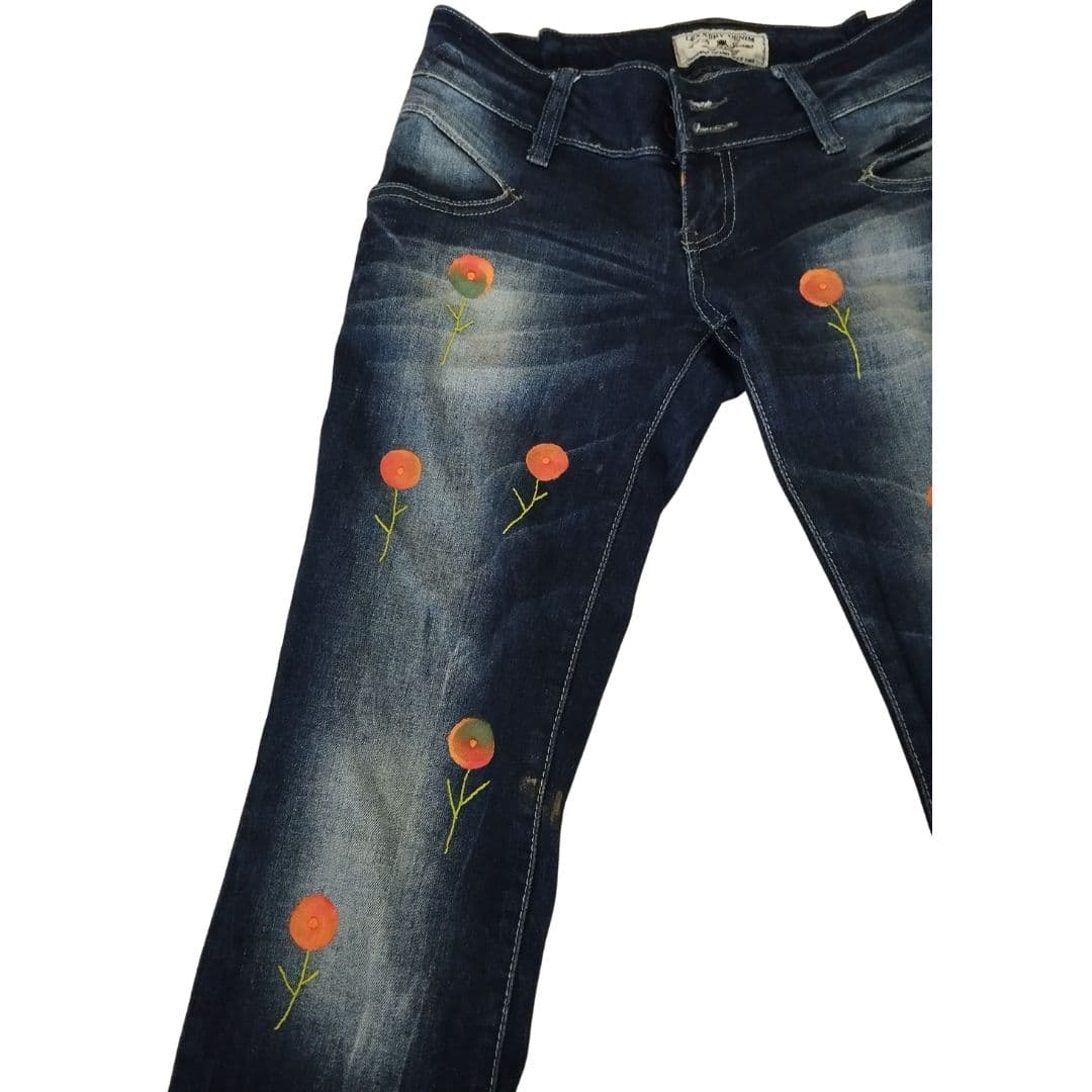 Jean pour femme - Bleu marine à fleurs oranges - Yolita creations