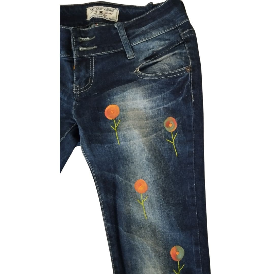Jean pour femme - Bleu marine à fleurs oranges - Yolita creations