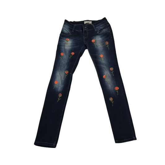 Jean pour femme - Bleu marine à fleurs oranges - Yolita creations